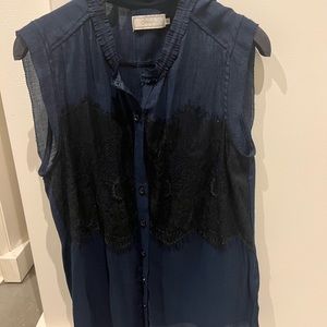 Cream, sheer navy blue with black lace detail . Short sleeve small